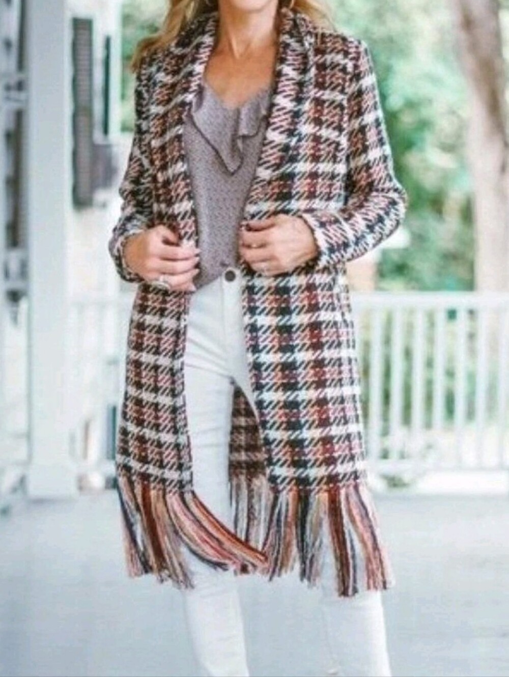 Cabi Regency Tweed Fringed Coat M Multicolor Plaid